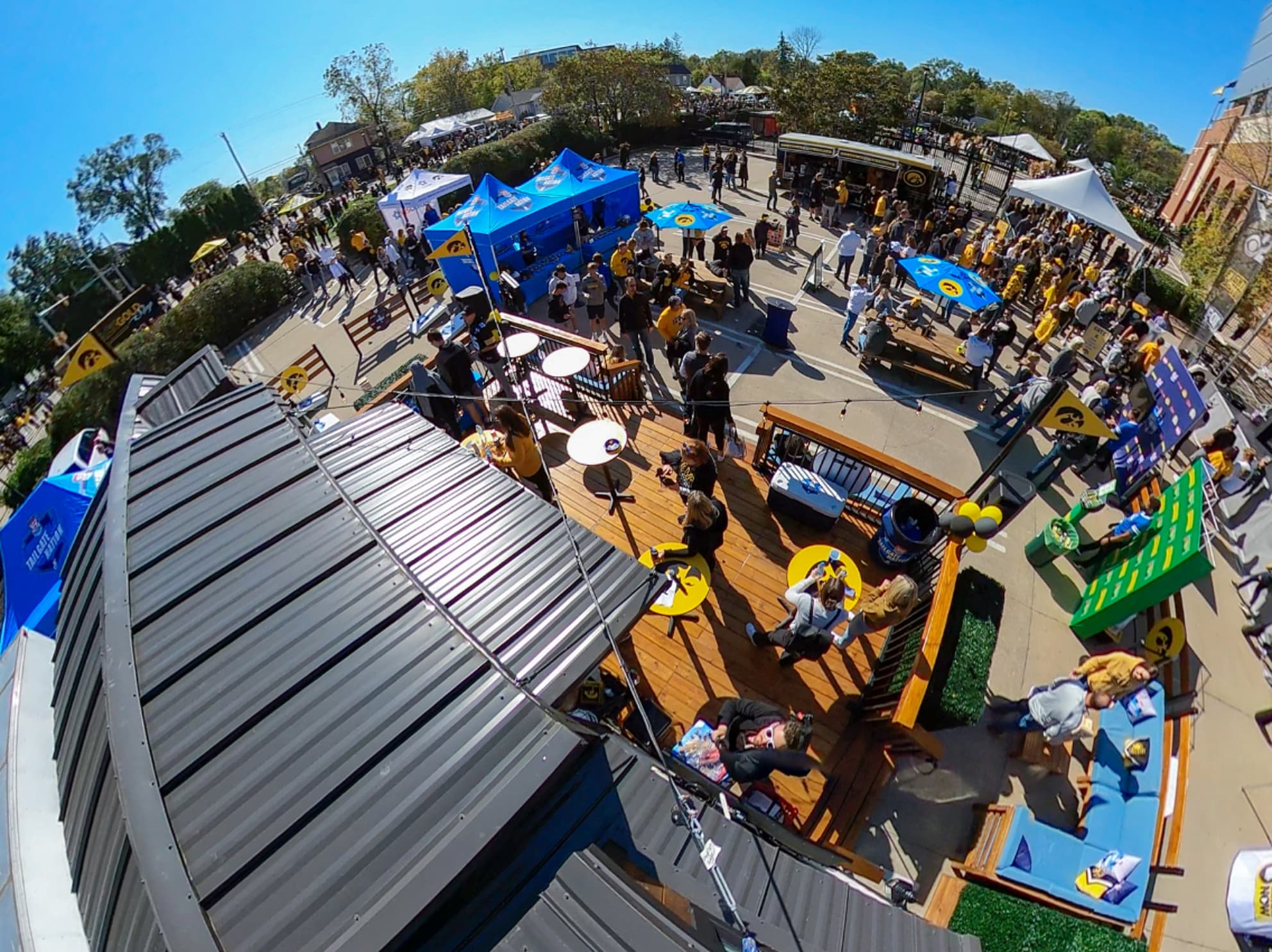 Drone shot of football fans at Tailgate Nation tiny stadium